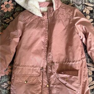 Women's Pink Quilted Jacket with Faux Fur Hood